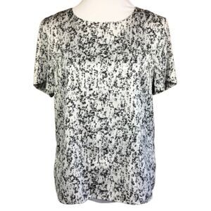 H&M Top | Blouse White Black Animal Print Short Sleeves Zippered Back Size 14